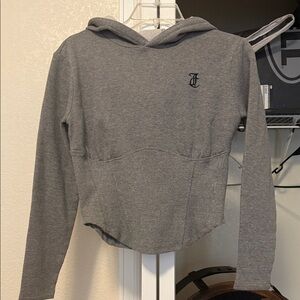 Gray Hooded Long Sleeve corset Top with Monogram Accent